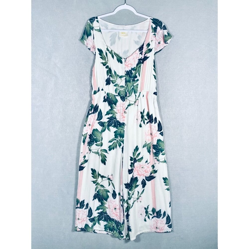Maeve Jumpsuit Womens M White Green Button Up Wide Leg Costal Boho Summer